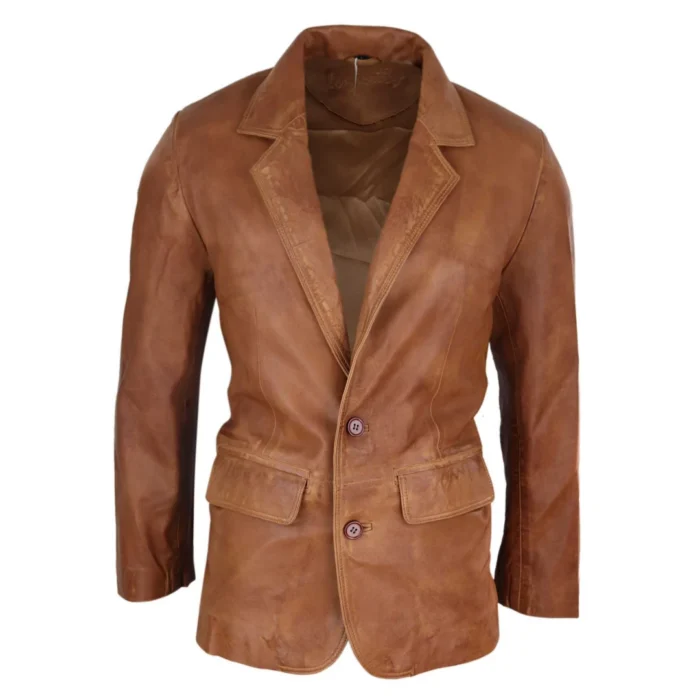 Mens Regular Fit Classic Real Leather 2 Button Tan Brown Blazer Jacket Vintage - Image 1