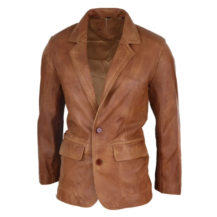 Mens Regular Fit Classic Real Leather 2 Button Tan Brown Blazer Jacket Vintage - Image 2
