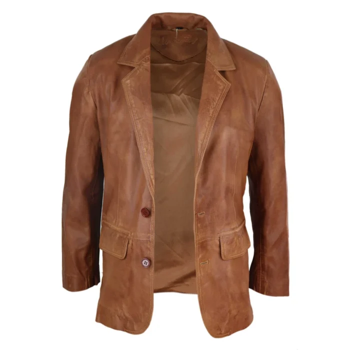 Mens Regular Fit Classic Real Leather 2 Button Tan Brown Blazer Jacket Vintage - Image 4
