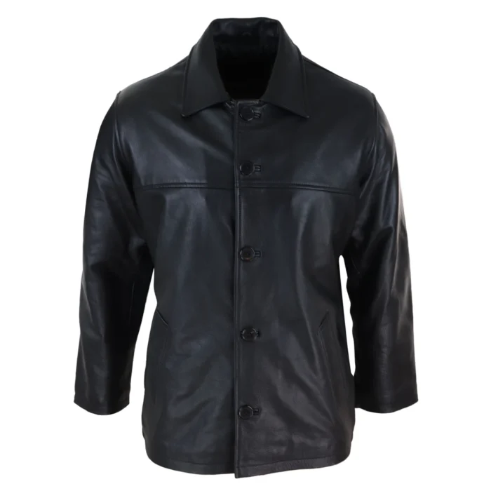 Mens Casual Real Leather Jacket Button Box Black Brown Mid Length Classic Coat - Image 1