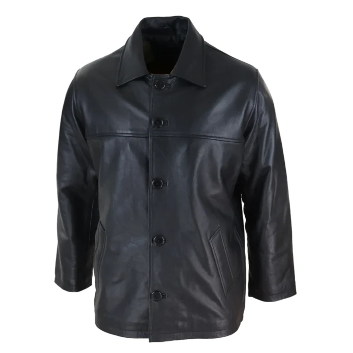Mens Casual Real Leather Jacket Button Box Black Brown Mid Length Classic Coat - Image 2
