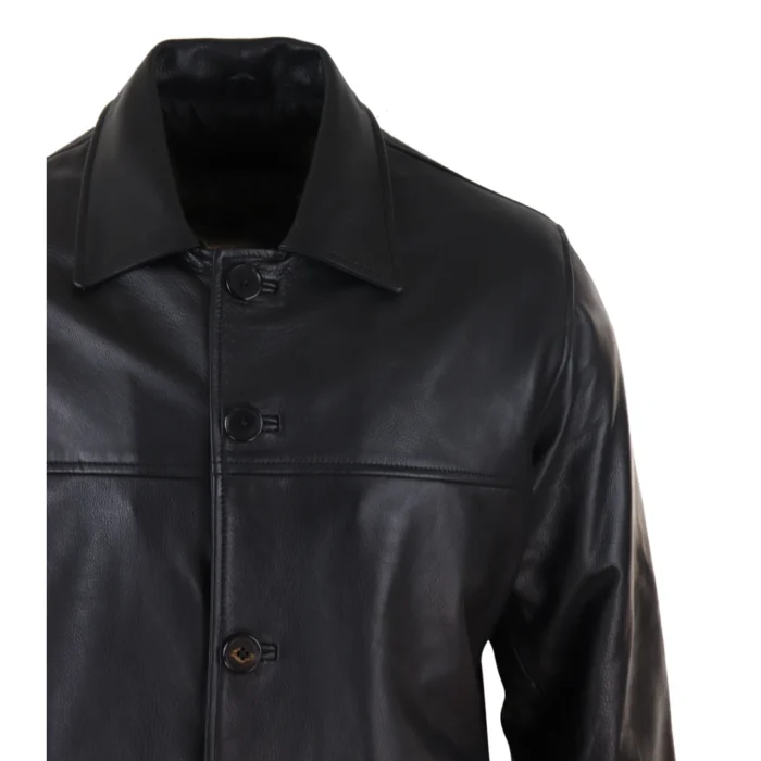 Mens Casual Real Leather Jacket Button Box Black Brown Mid Length Classic Coat - Image 3