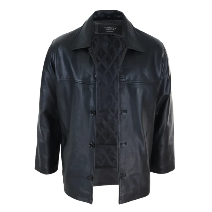 Mens Casual Real Leather Jacket Button Box Black Brown Mid Length Classic Coat - Image 4