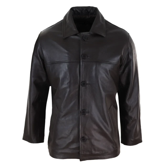Mens Casual Real Leather Jacket Button Box Black Brown Mid Length Classic Coat - Image 6