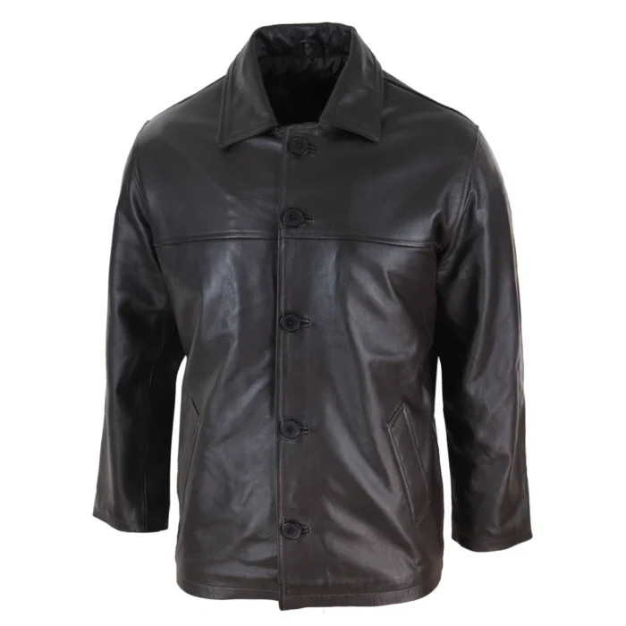 Mens Casual Real Leather Jacket Button Box Black Brown Mid Length Classic Coat - Image 7