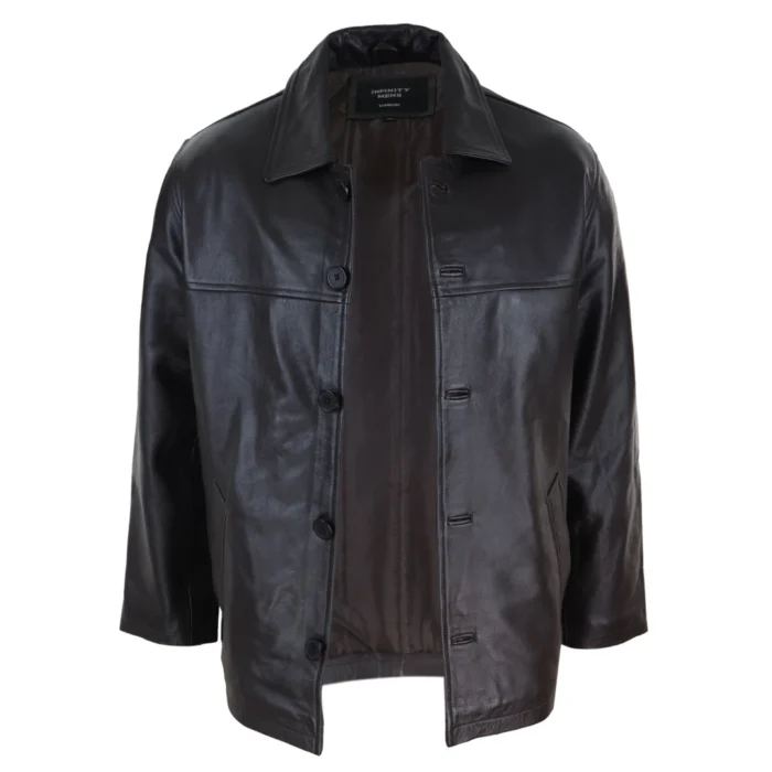 Mens Casual Real Leather Jacket Button Box Black Brown Mid Length Classic Coat - Image 9