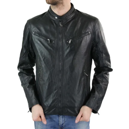 Mens Zipped Real Leather Biker Jacket Smart Casual Black Tan Brown Tailored Fit Vintage