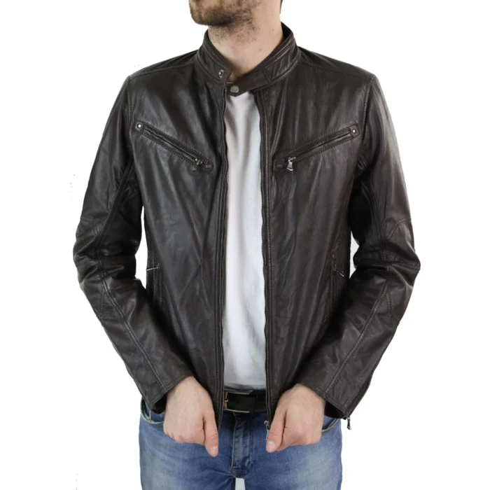 Mens Zipped Real Leather Biker Jacket Smart Casual Black Tan Brown Tailored Fit Vintage - Image 9