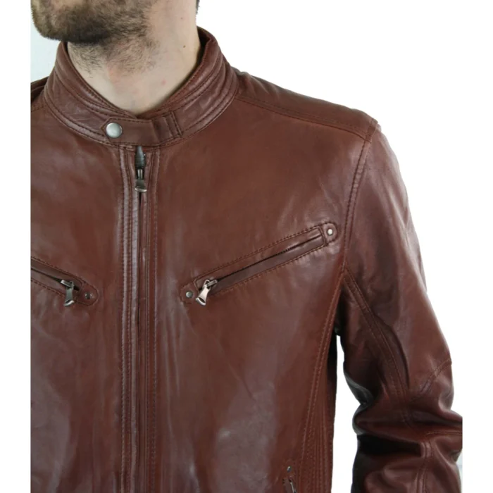 Mens Zipped Real Leather Biker Jacket Smart Casual Black Tan Brown Tailored Fit Vintage - Image 12