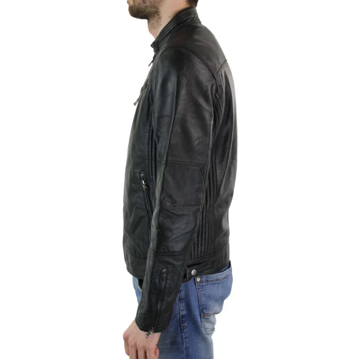 Mens Zipped Real Leather Biker Jacket Smart Casual Black Tan Brown Tailored Fit Vintage - Image 3