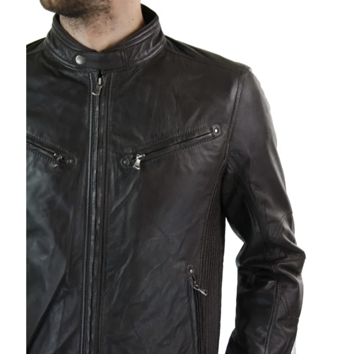 Mens Zipped Real Leather Biker Jacket Smart Casual Black Tan Brown Tailored Fit Vintage - Image 7