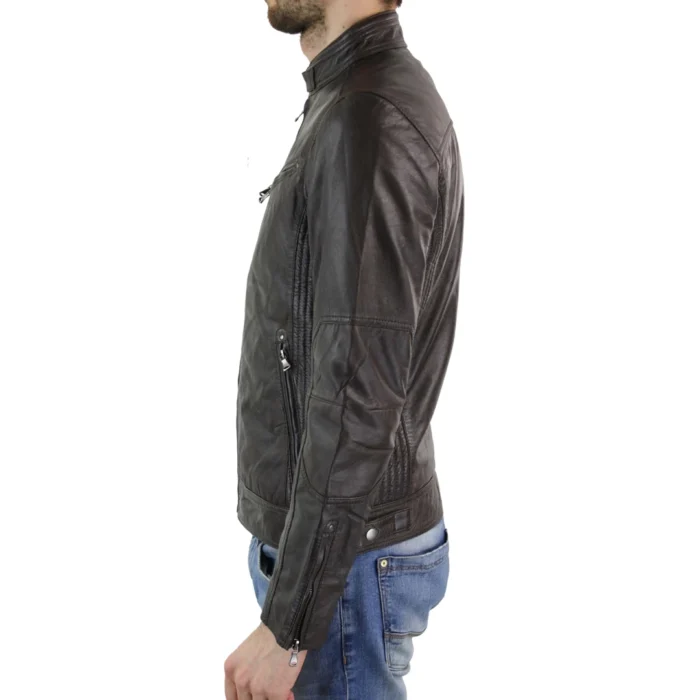 Mens Zipped Real Leather Biker Jacket Smart Casual Black Tan Brown Tailored Fit Vintage - Image 8