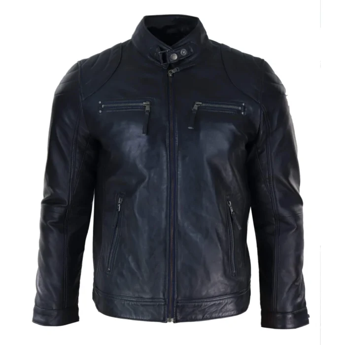 Mens Biker Zip Jacket Real Leather Casual Light Short Classic Retro Motorcycle - Image 1