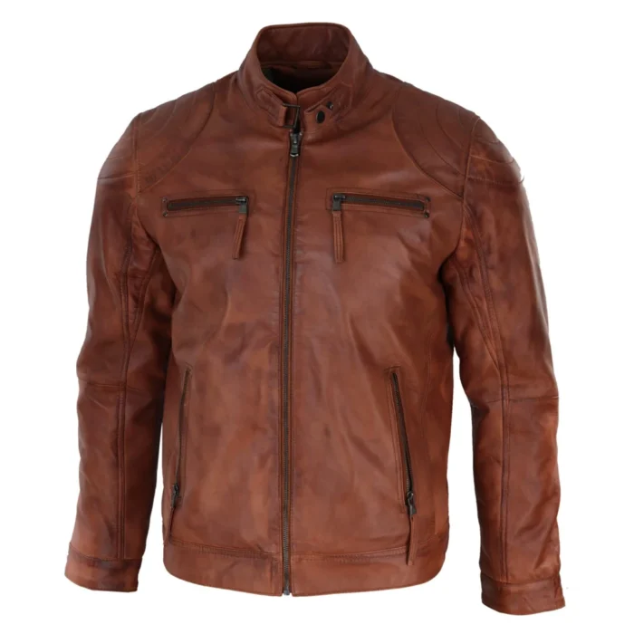 Mens Biker Zip Jacket Real Leather Casual Light Short Classic Retro Motorcycle - Image 14