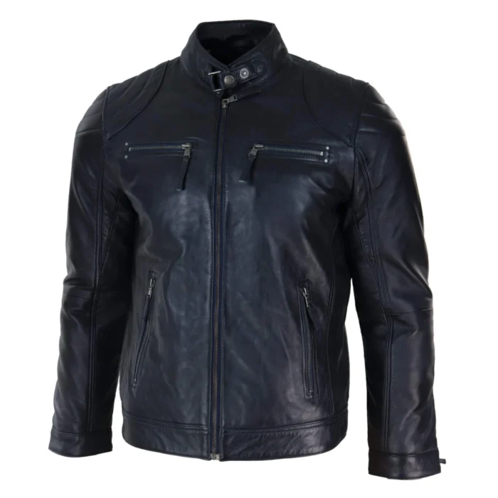 Mens Biker Zip Jacket Real Leather Casual Light Short Classic Retro Motorcycle - Image 2