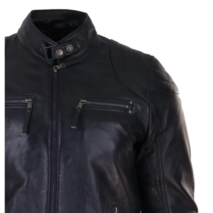 Mens Biker Zip Jacket Real Leather Casual Light Short Classic Retro Motorcycle - Image 4