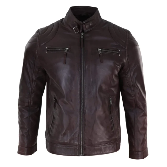 Mens Biker Zip Jacket Real Leather Casual Light Short Classic Retro Motorcycle - Image 7