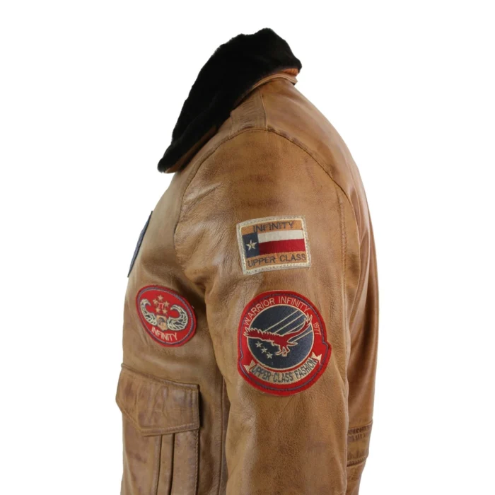 Mens Genuine Leather Air Force Pilot Bomber Jacket Tan Brown Badge Vintage Retro - Image 5