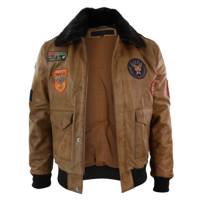 Mens Genuine Leather Air Force Pilot Bomber Jacket Tan Brown Badge Vintage Retro - Image 4
