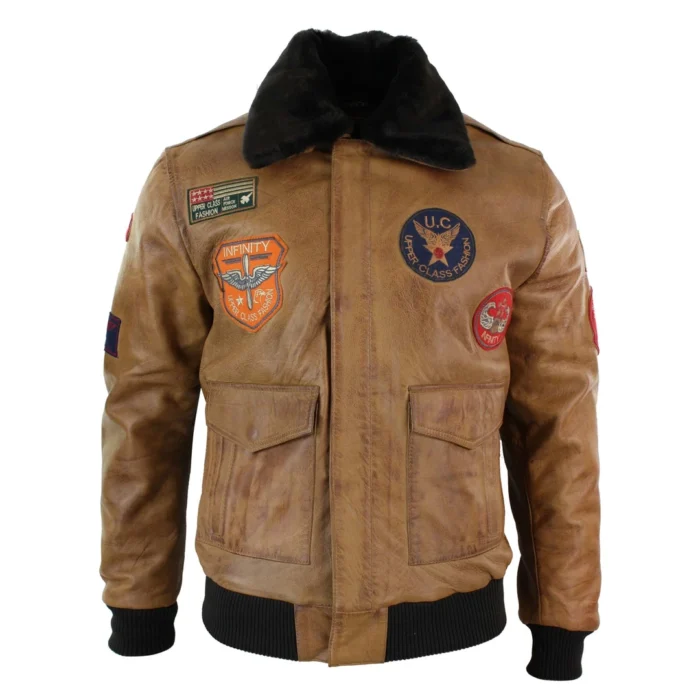 Mens Genuine Leather Air Force Pilot Bomber Jacket Tan Brown Badge Vintage Retro - Image 1