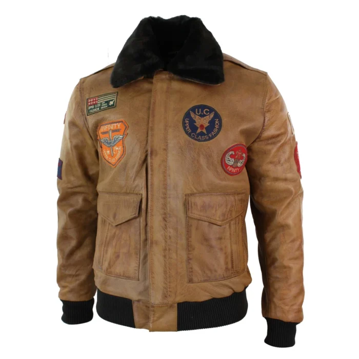 Mens Genuine Leather Air Force Pilot Bomber Jacket Tan Brown Badge Vintage Retro - Image 2