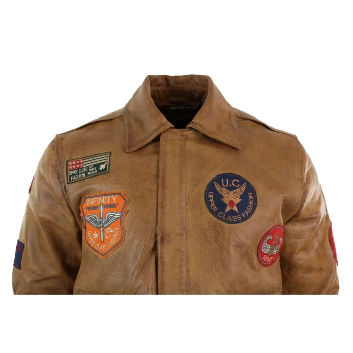 Mens Genuine Leather Air Force Pilot Bomber Jacket Tan Brown Badge Vintage Retro - Image 6