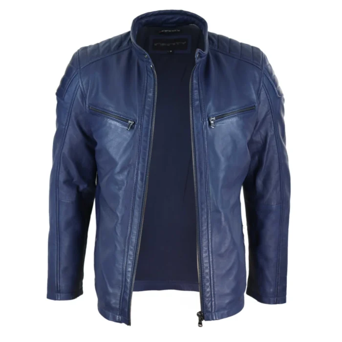 Mens Real Leather Jacket Tailored Fit Biker Zipped Smart Casual Retro Vintage - Image 4