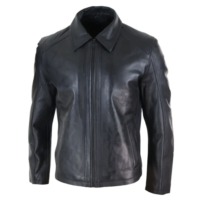 Mens Real Leather Jacket Black Tan Zipped Driving Classic Smart Casual Soft Napa - Image 2