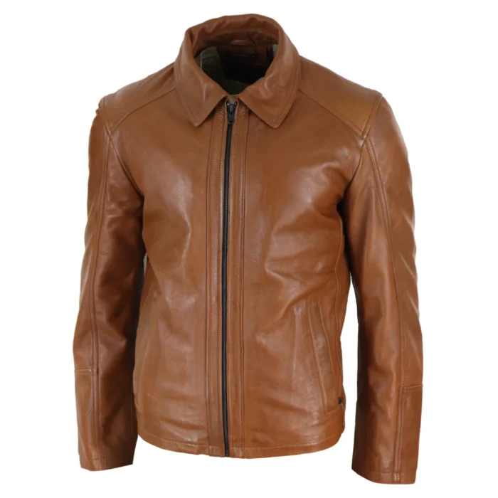 Mens Real Leather Jacket Black Tan Zipped Driving Classic Smart Casual Soft Napa - Image 7