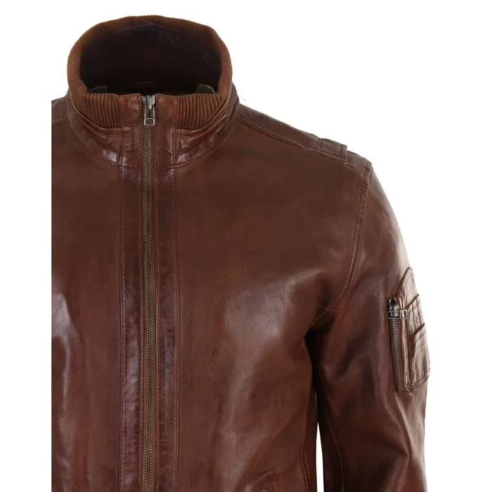 Mens Real Leather Bomber Jacket Smart Casual Blue Brown High Elasticated Neck - Image 10