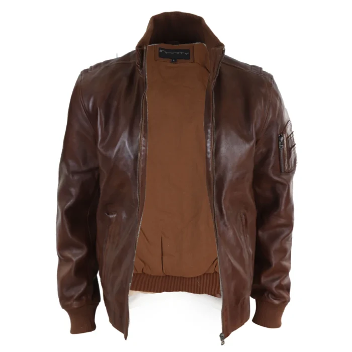 Mens Real Leather Bomber Jacket Smart Casual Blue Brown High Elasticated Neck - Image 11