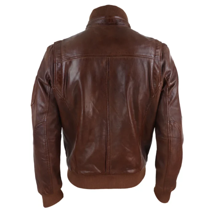 Mens Real Leather Bomber Jacket Smart Casual Blue Brown High Elasticated Neck - Image 12