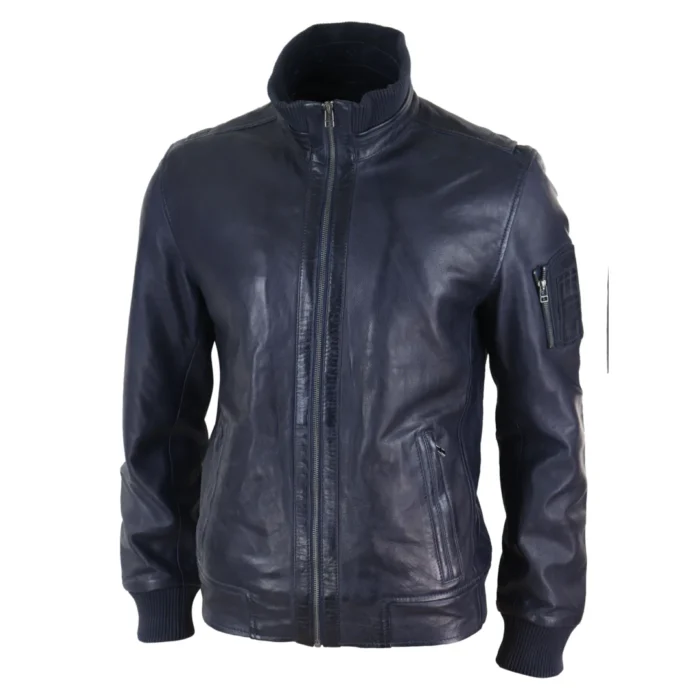 Mens Real Leather Bomber Jacket Smart Casual Blue Brown High Elasticated Neck - Image 2