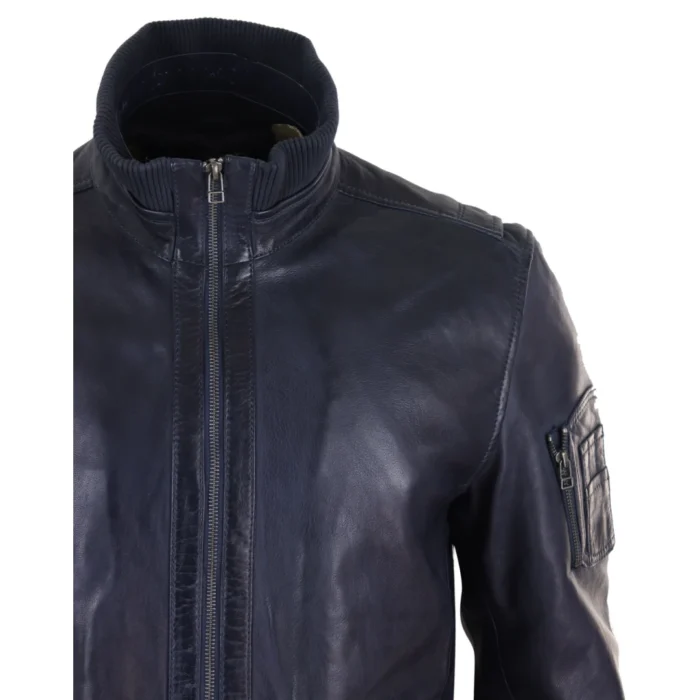 Mens Real Leather Bomber Jacket Smart Casual Blue Brown High Elasticated Neck - Image 3
