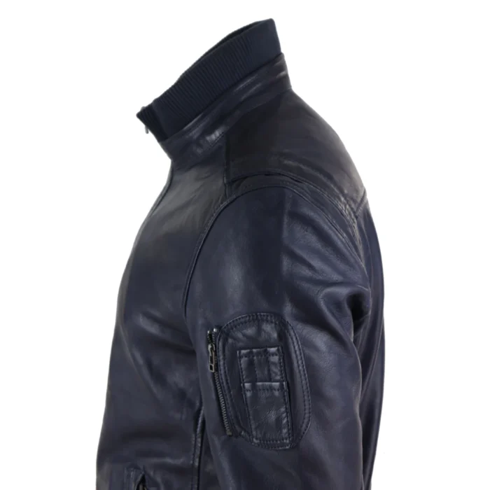 Mens Real Leather Bomber Jacket Smart Casual Blue Brown High Elasticated Neck - Image 4