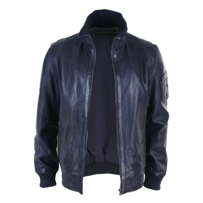 Mens Real Leather Bomber Jacket Smart Casual Blue Brown High Elasticated Neck - Image 5