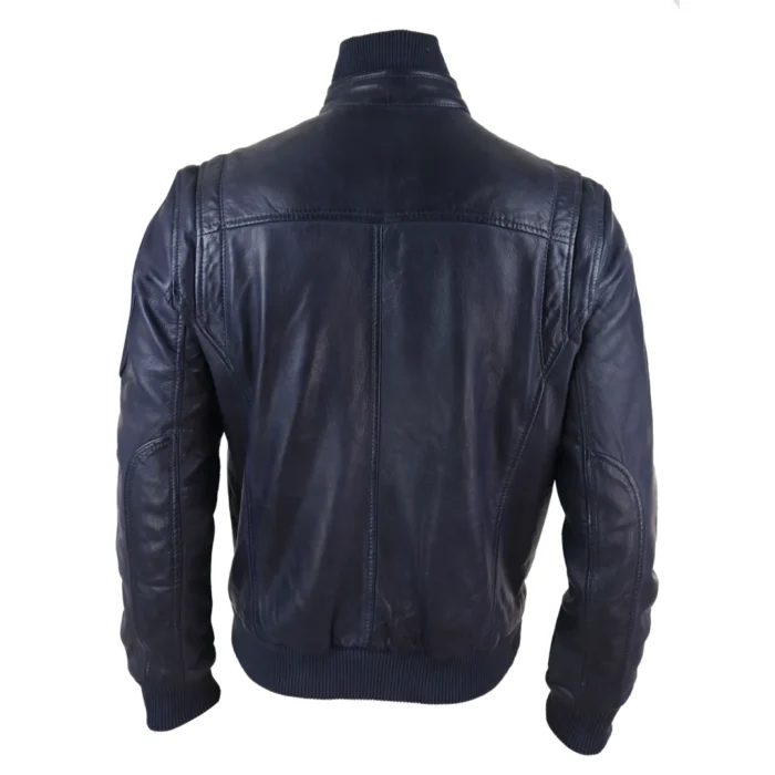 Mens Real Leather Bomber Jacket Smart Casual Blue Brown High Elasticated Neck - Image 6