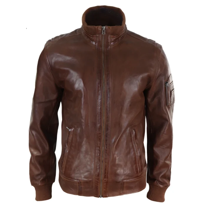 Mens Real Leather Bomber Jacket Smart Casual Blue Brown High Elasticated Neck - Image 7