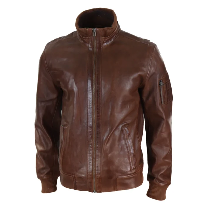 Mens Real Leather Bomber Jacket Smart Casual Blue Brown High Elasticated Neck - Image 8