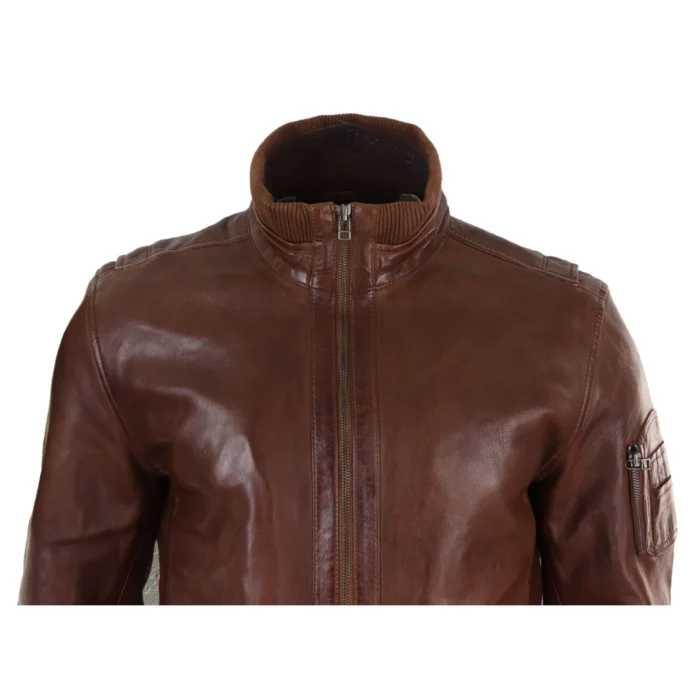 Mens Real Leather Bomber Jacket Smart Casual Blue Brown High Elasticated Neck - Image 9