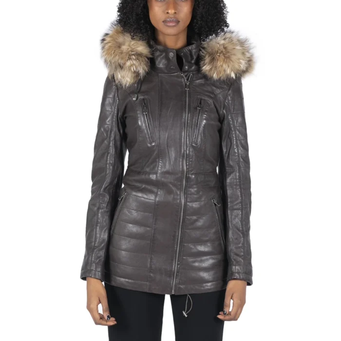 Womens Real Leather Parka Jacket 3/4 Fur Hood Zipped Brown Tan Grey Tailored Fit - Image 6