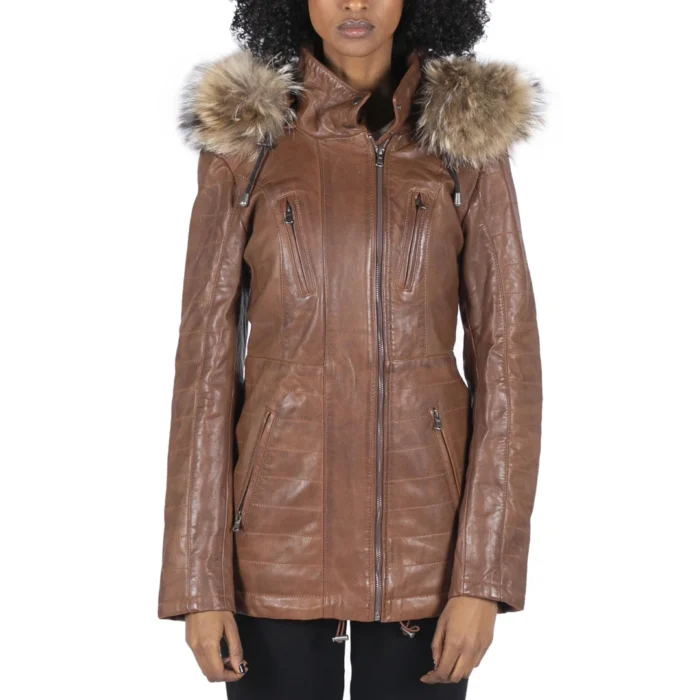 Womens Real Leather Parka Jacket 3/4 Fur Hood Zipped Brown Tan Grey Tailored Fit - Image 16