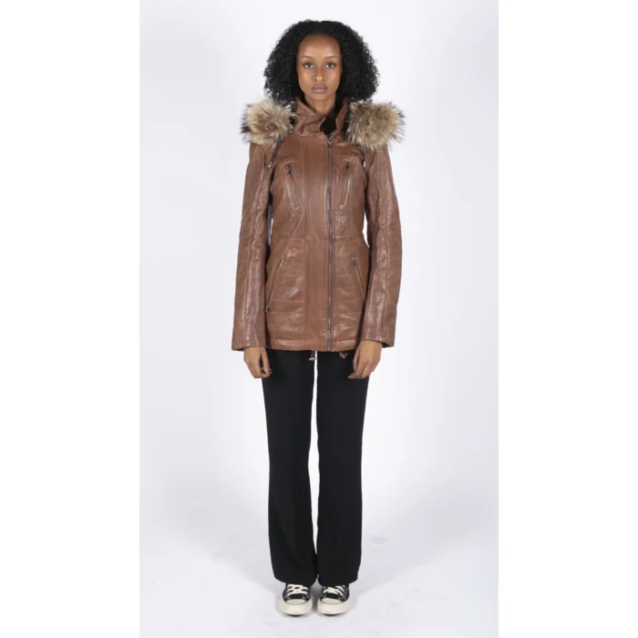 Womens Real Leather Parka Jacket 3/4 Fur Hood Zipped Brown Tan Grey Tailored Fit - Image 17