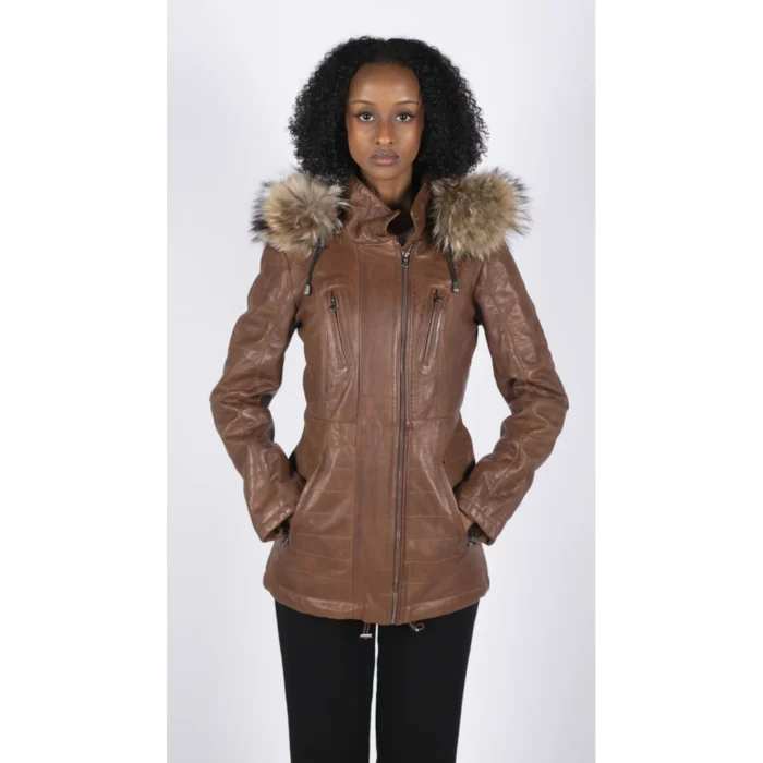 Womens Real Leather Parka Jacket 3/4 Fur Hood Zipped Brown Tan Grey Tailored Fit - Image 18