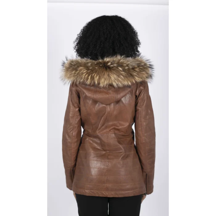 Womens Real Leather Parka Jacket 3/4 Fur Hood Zipped Brown Tan Grey Tailored Fit - Image 19