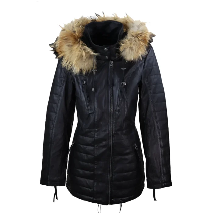 Womens Real Leather Parka Jacket 3/4 Fur Hood Zipped Brown Tan Grey Tailored Fit - Image 1