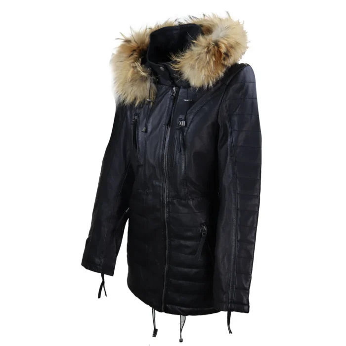 Womens Real Leather Parka Jacket 3/4 Fur Hood Zipped Brown Tan Grey Tailored Fit - Image 2