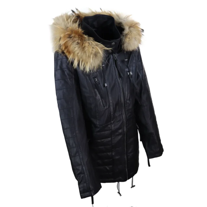 Womens Real Leather Parka Jacket 3/4 Fur Hood Zipped Brown Tan Grey Tailored Fit - Image 3