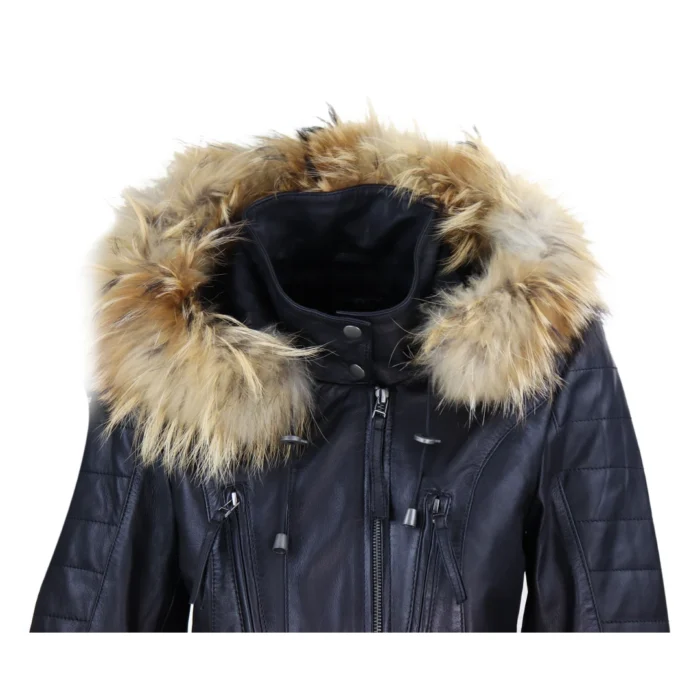 Womens Real Leather Parka Jacket 3/4 Fur Hood Zipped Brown Tan Grey Tailored Fit - Image 4