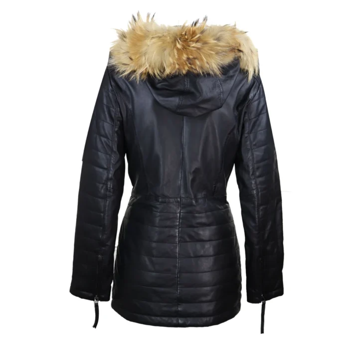 Womens Real Leather Parka Jacket 3/4 Fur Hood Zipped Brown Tan Grey Tailored Fit - Image 5